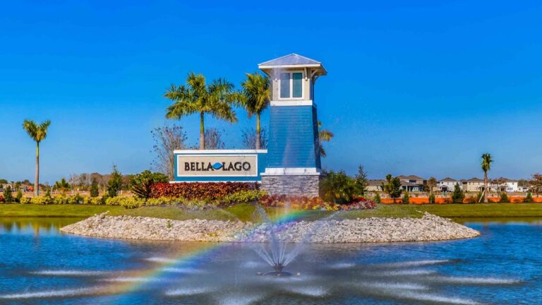 Bella Lago monument sign and lake fountain at Bella Lago, Parrish, Florida