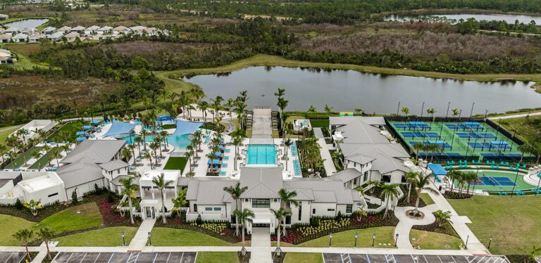 Aerial view of the amenity center, pools and pickleball courts at Brightmore, Venice, Florida