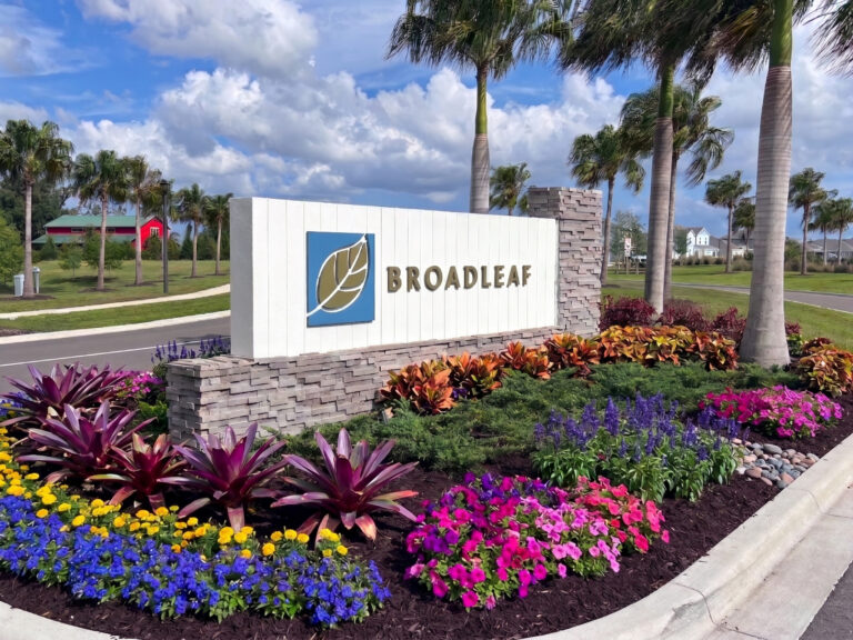 Broadleaf monument sign and landscaped entrance at Broadleaf, Parrish, Florida