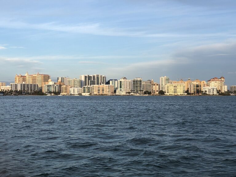 The downtown Sarasota skyline across Sarasota Bay from Bird Key Park