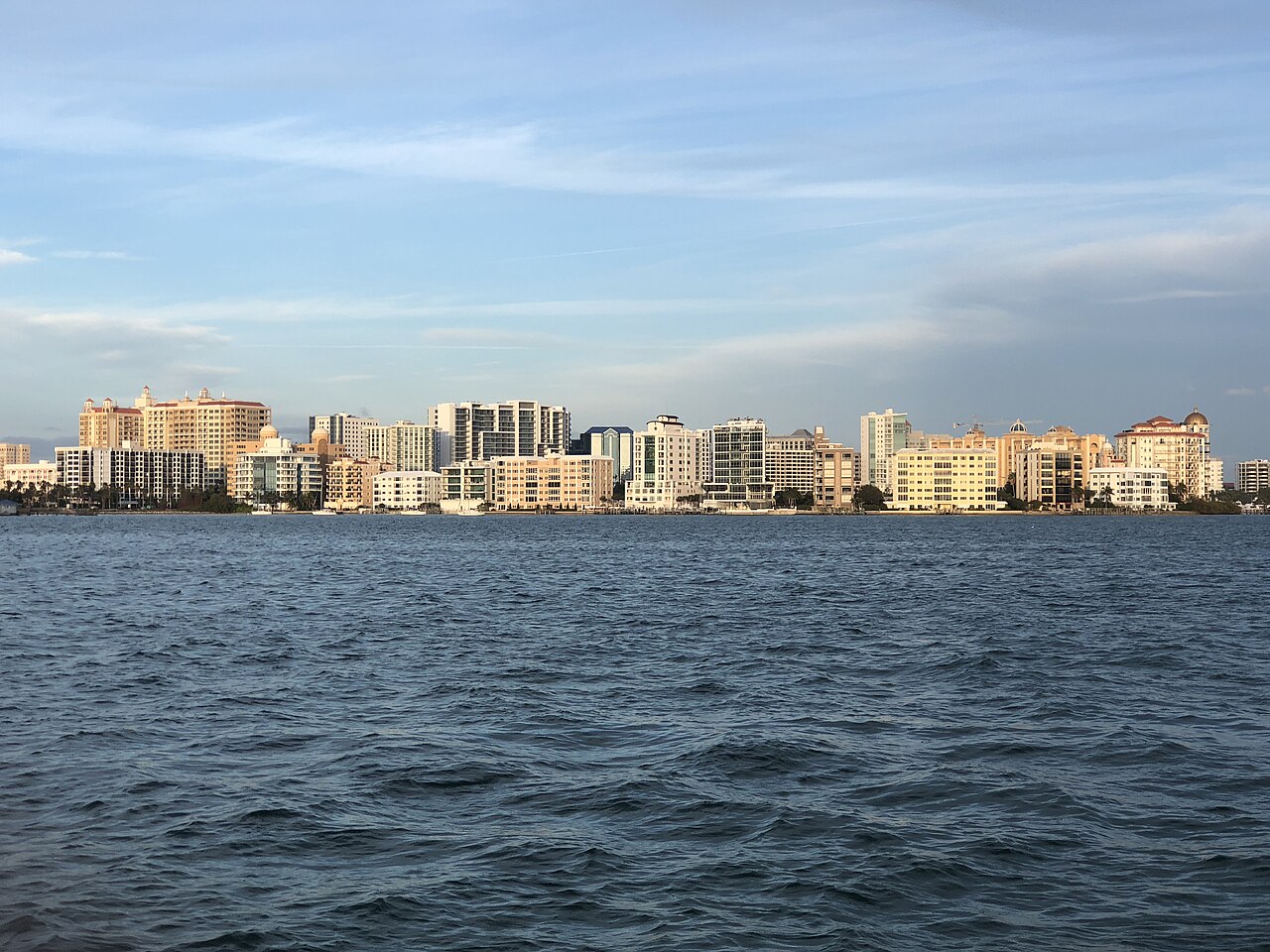 The downtown Sarasota skyline across Sarasota Bay from Bird Key Park