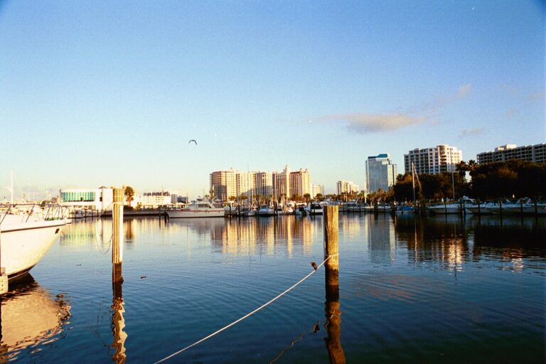 Sunrise over the Bayfront Park marina and the downtown Sarasota skyline