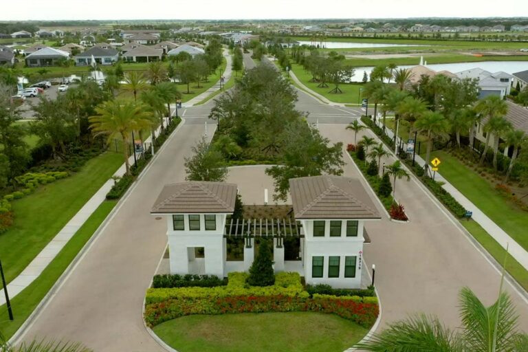 Gated entrance and gatehouses seen from above at Cresswind at Lakewood Ranch, Lakewood Ranch, Florida