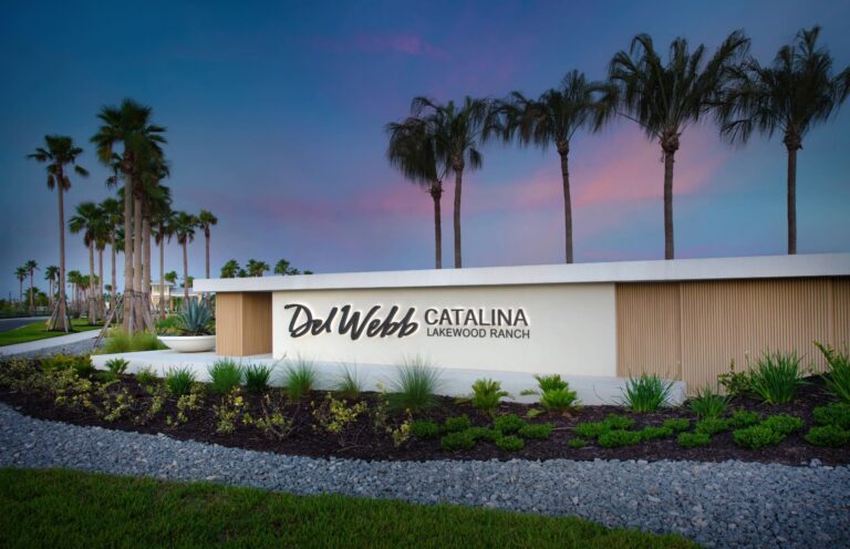 Entrance monument sign at dusk at Del Webb Catalina at Lakewood Ranch, Lakewood Ranch, Florida
