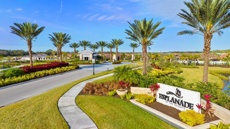 Entrance monument sign and gatehouse at Esplanade at The Heights, Bradenton, Florida