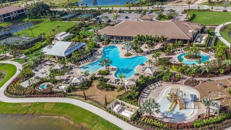 Aerial view of the resort pool and amenity center at Esplanade on Palmer Ranch, Sarasota, Florida