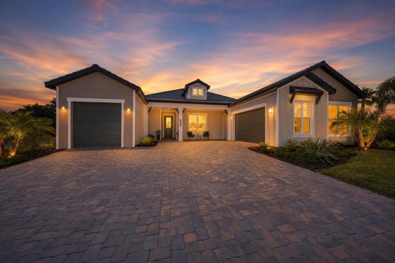 Sam Rodgers Destin home exterior at twilight at Gran Place, Venice, Florida