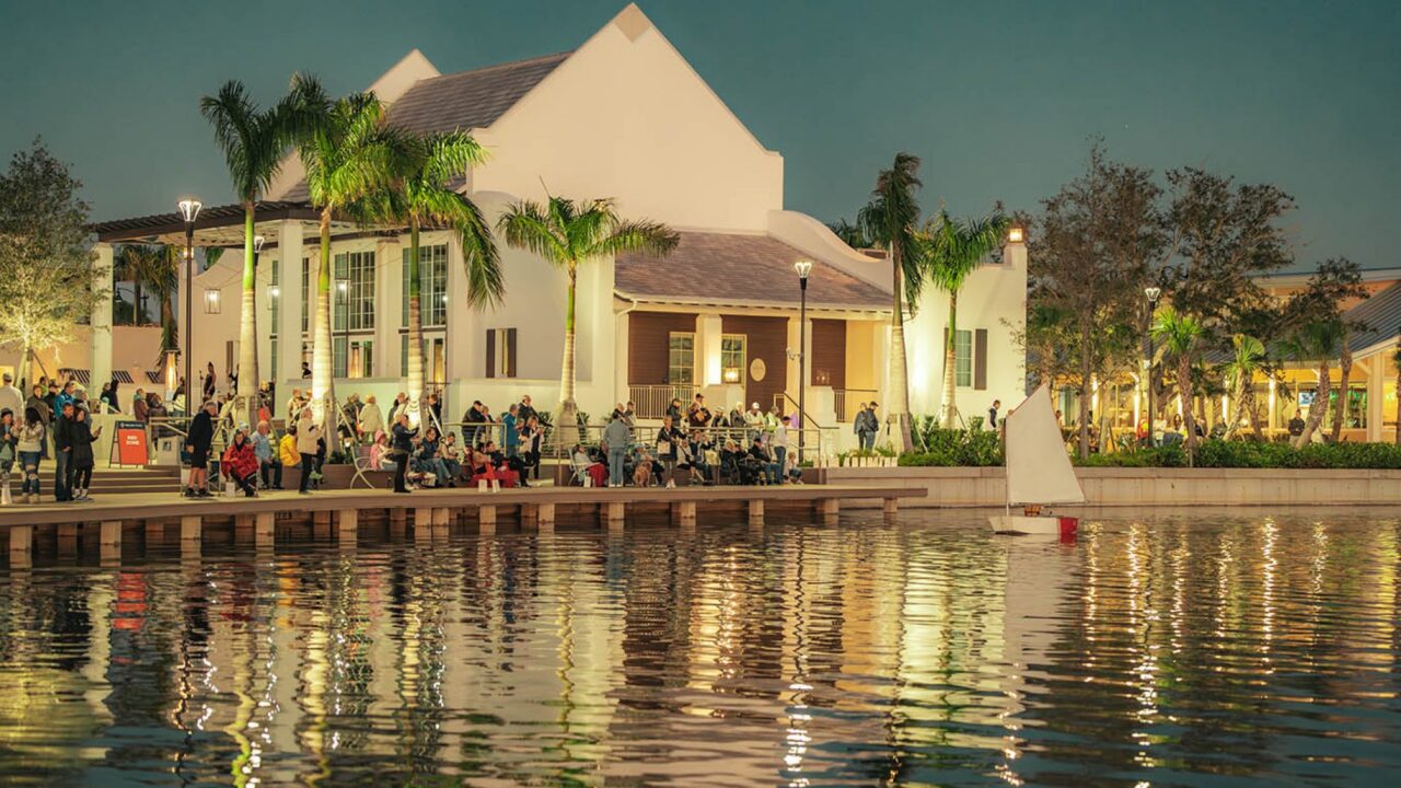 Evening crowd at the lakefront of Downtown Wellen at Wellen Park, Venice, Florida