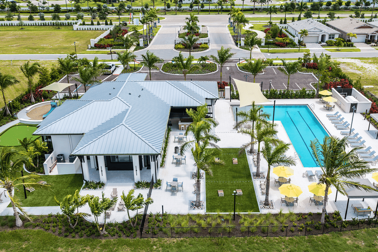 Aerial of the amenity center and pool at Sunstone Lakeside at Wellen Park, Venice, Florida
