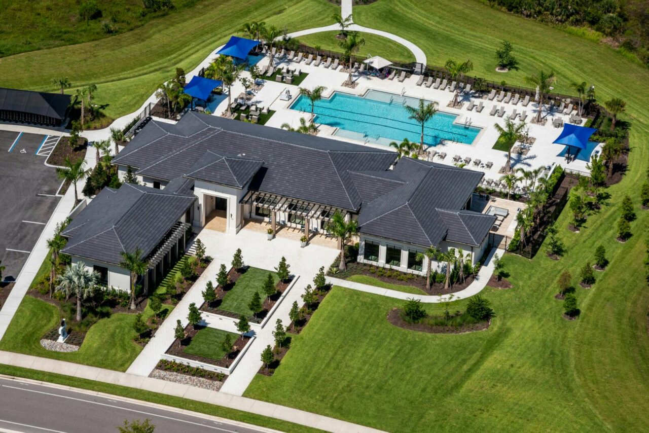 Aerial view of the Vistera clubhouse and resort pool at Vistera of Venice, Venice, Florida