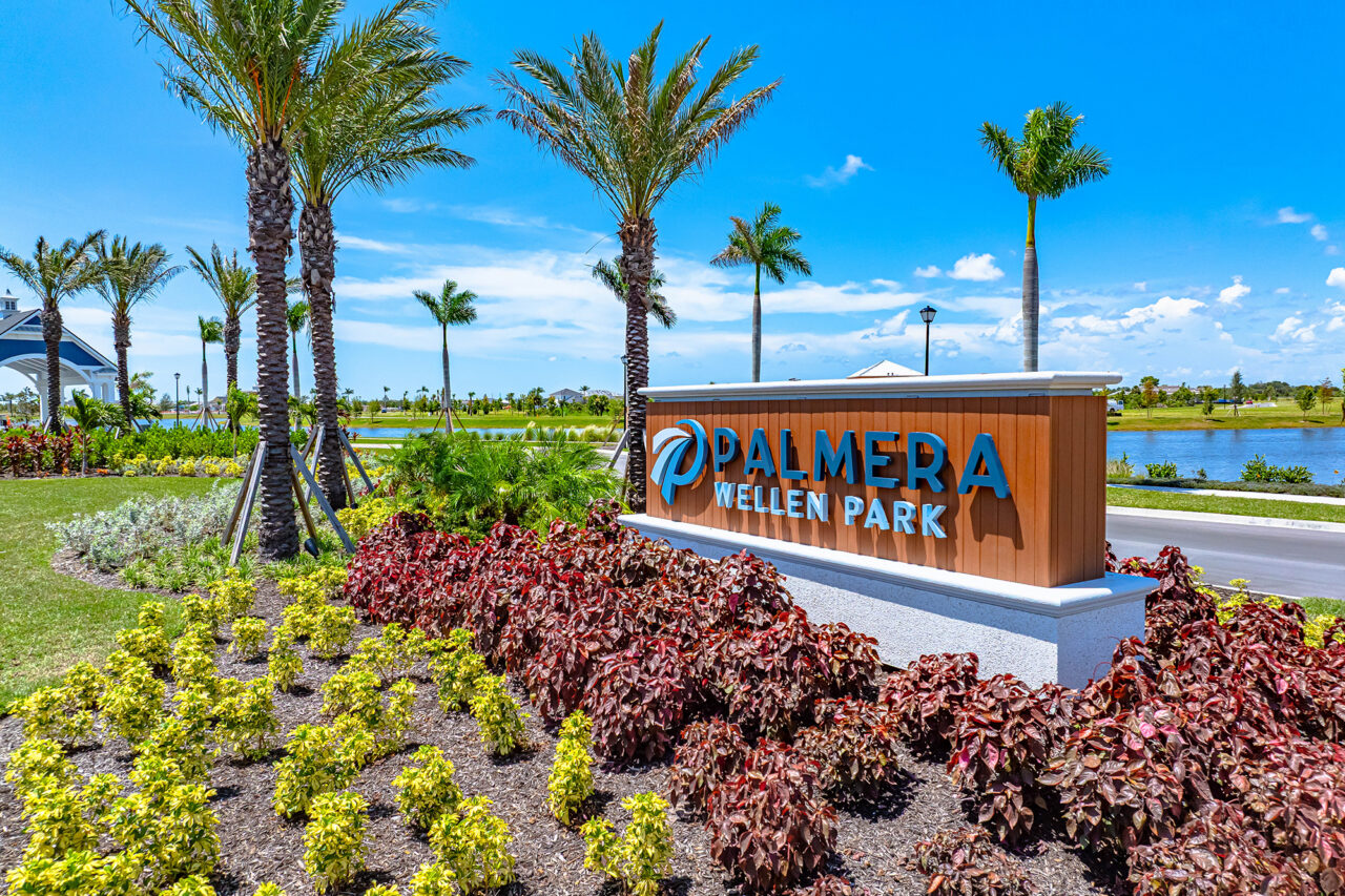 Palmera monument sign and lake at the entrance to Palmera at Wellen Park, Venice, Florida