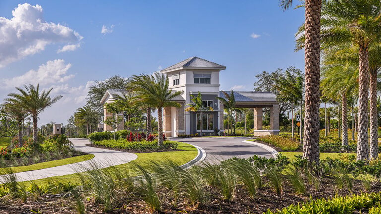 Gated front entry and gatehouse at Esplanade at Azario Lakewood Ranch, Lakewood Ranch, Florida