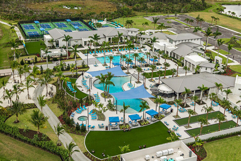 Aerial of the amenity center, pools and courts at Brightmore at Wellen Park, Venice, Florida