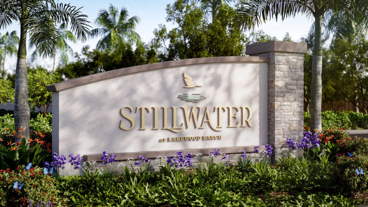 Builder rendering of entry monument sign at Stillwater at Lakewood Ranch, Lakewood Ranch, Florida