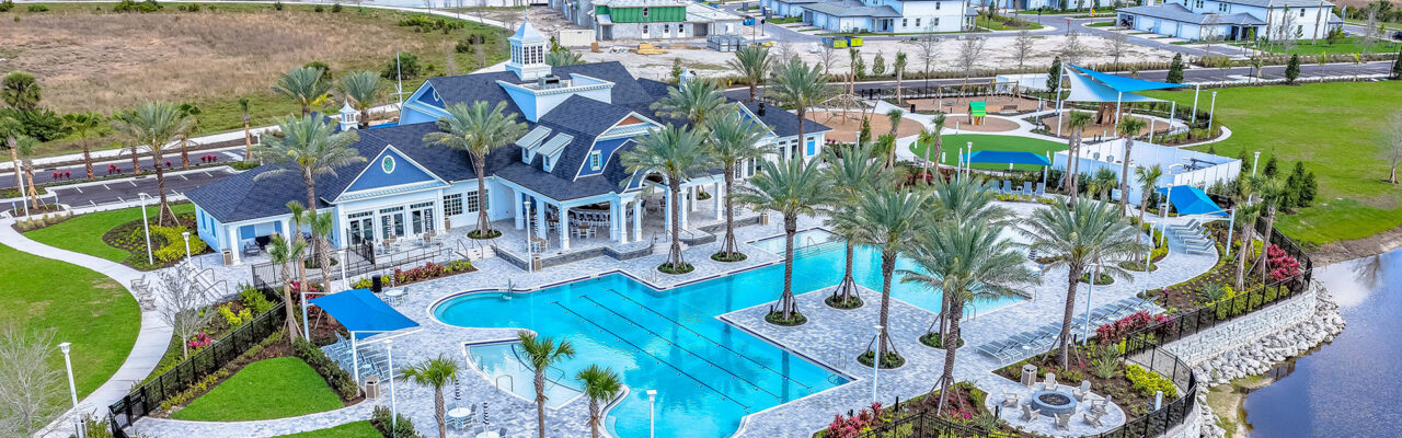 Palmera at Wellen Park amenity center and pool from above
