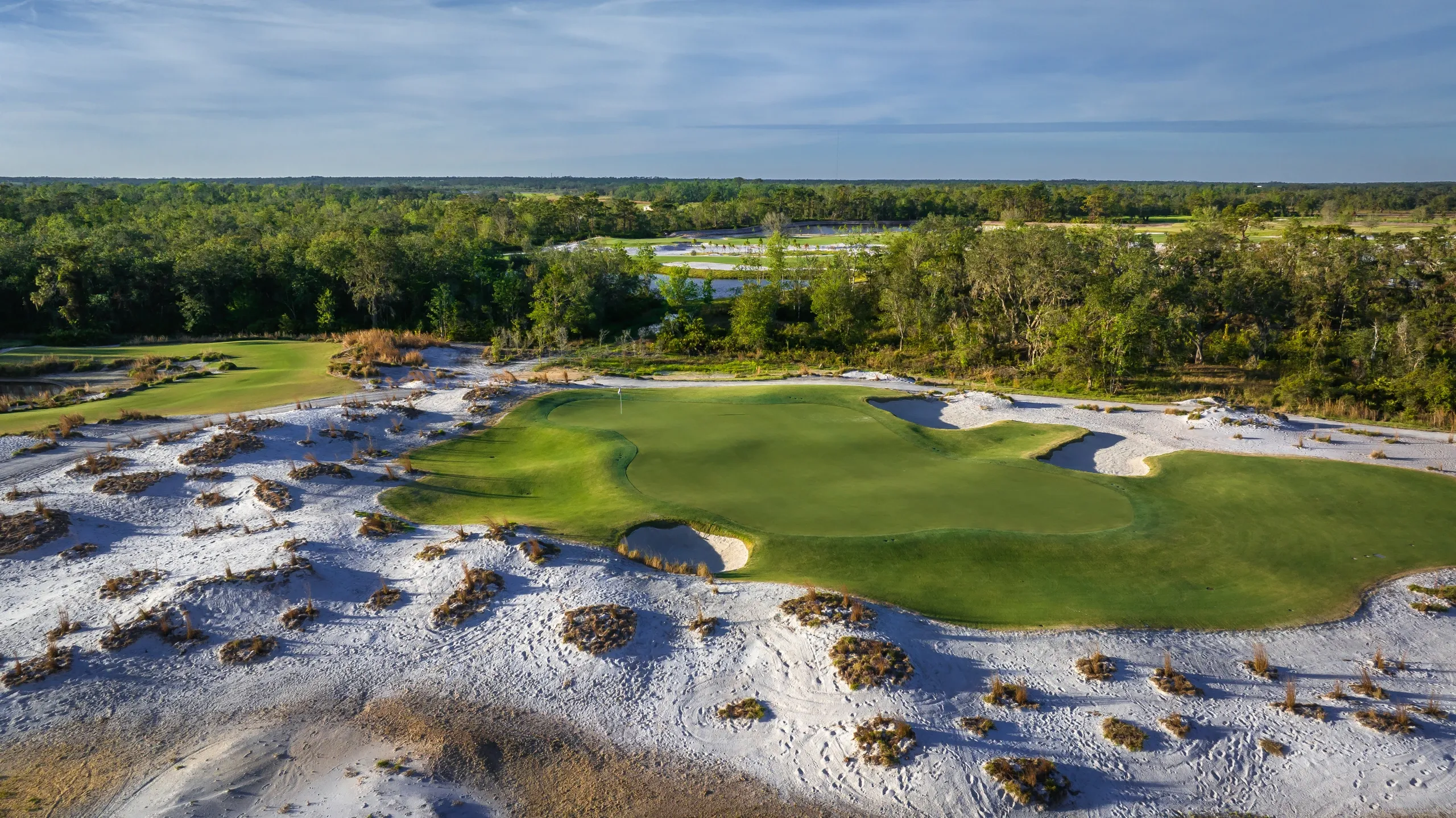 Golf green framed by native sand areas and woods at Soleta Golf Club, Myakka City, Florida