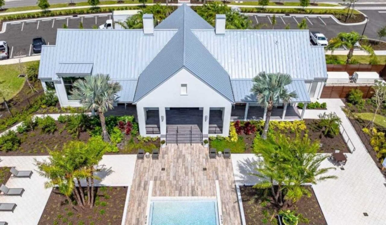 Clubhouse and pool from above at Everly at Wellen Park, Venice, Florida