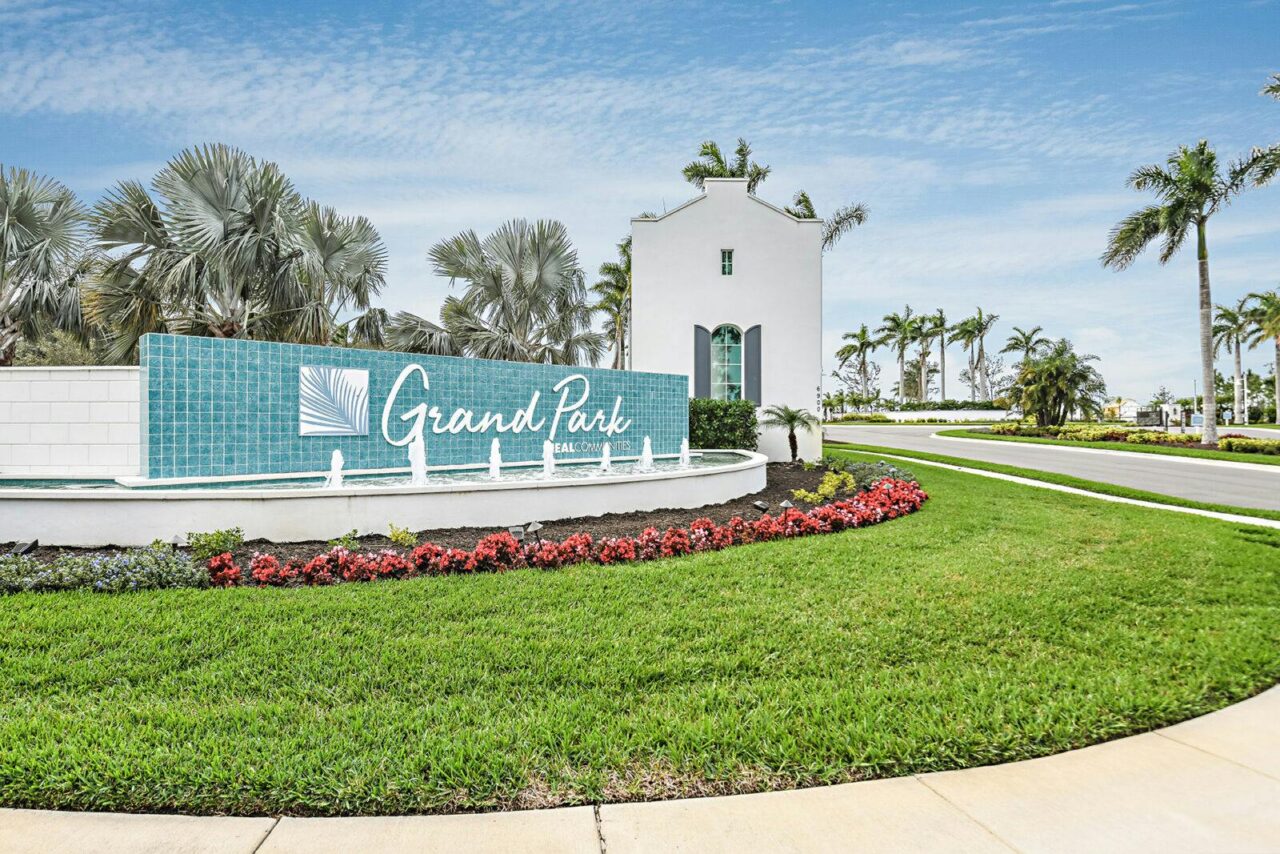 Grand Park entrance fountain and monument sign at Grand Park, Sarasota, Florida
