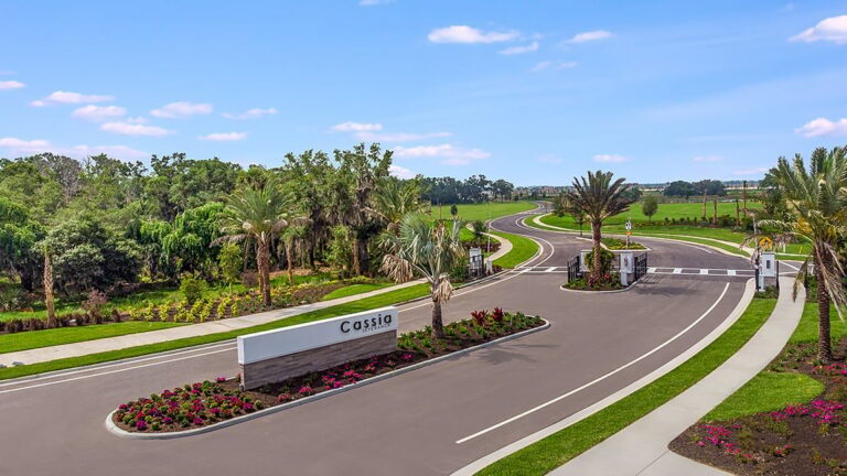 Cassia monument sign and gated entry road at Cassia at Skye Ranch, Sarasota, Florida