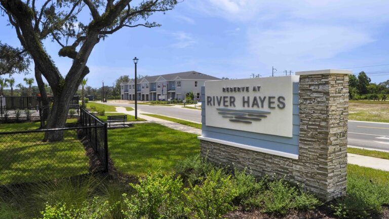 Entrance monument and townhomes at Reserve at River Hayes, Bradenton, Florida