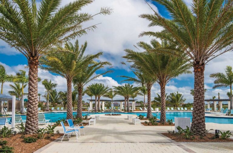 Palm-lined resort pool at Sarasota National at Wellen Park, Venice, Florida