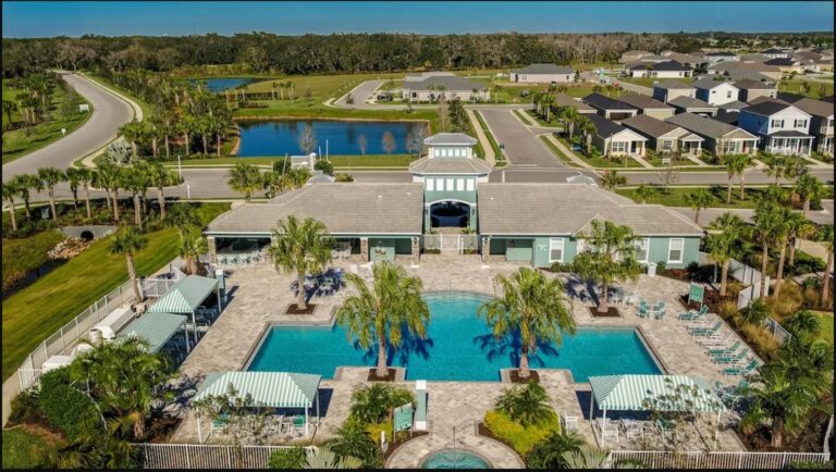 Aerial of the clubhouse and resort-style pool at Silverleaf, Parrish, Florida