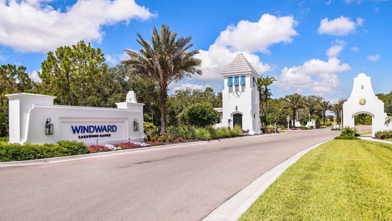 Windward entrance monument and clock tower gatehouse at Windward at Lakewood Ranch, Lakewood Ranch, Florida