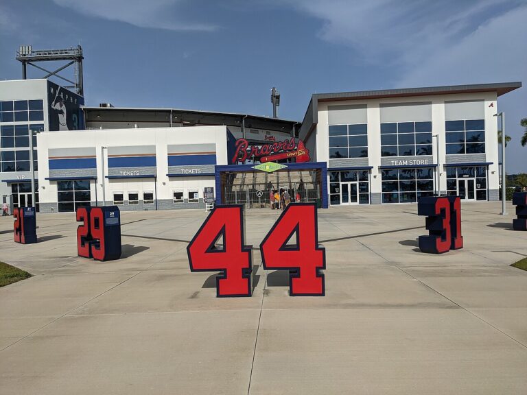 The front entrance and team store of CoolToday Park, the Atlanta Braves spring training ballpark in North Port
