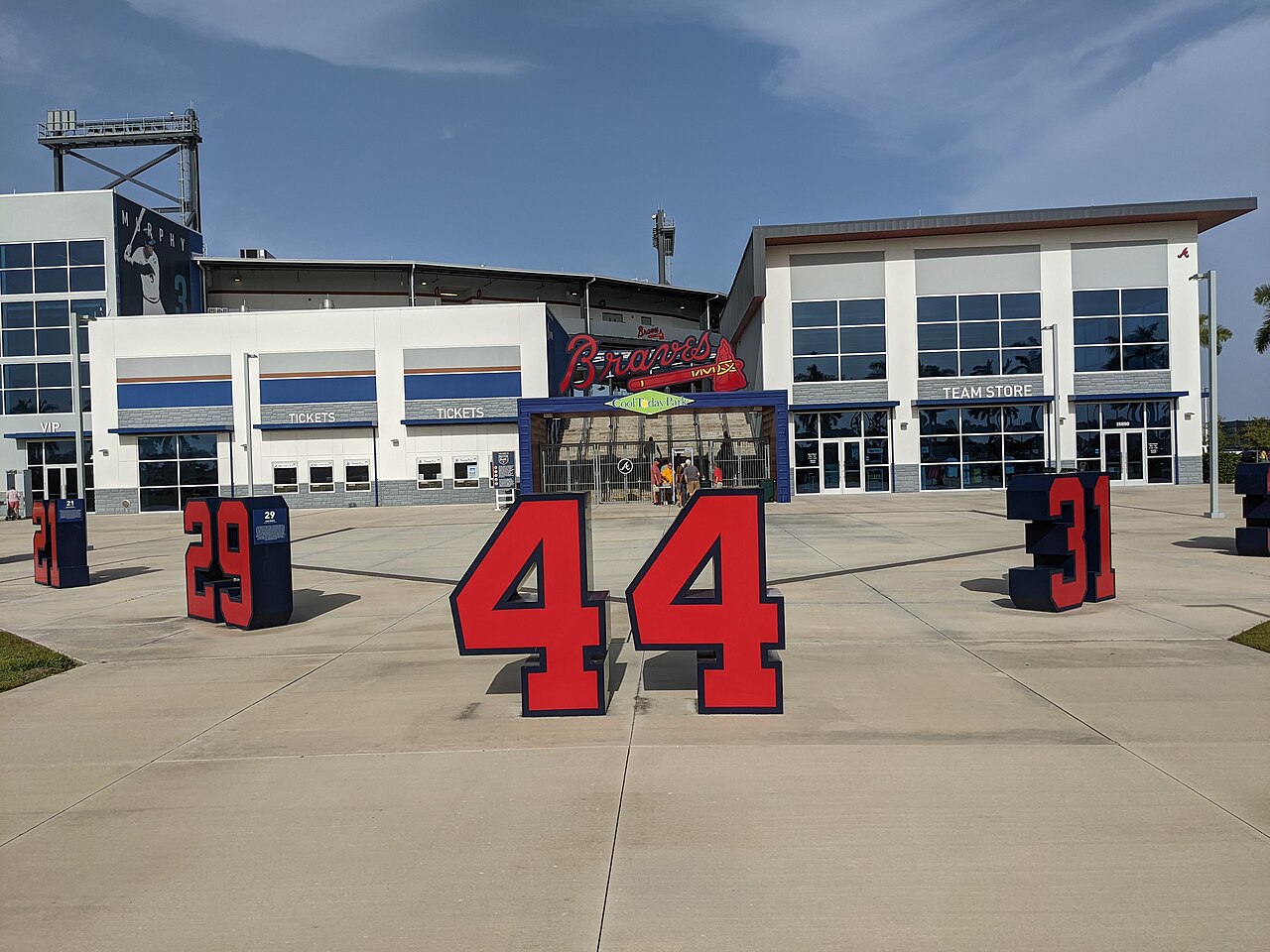 The front entrance and team store of CoolToday Park, the Atlanta Braves spring training ballpark in North Port