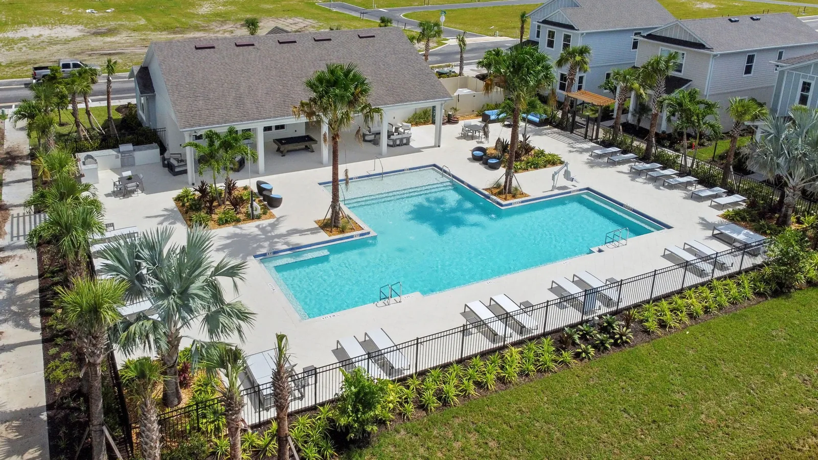 Aerial view of the Bungalow Walk pool and clubhouse