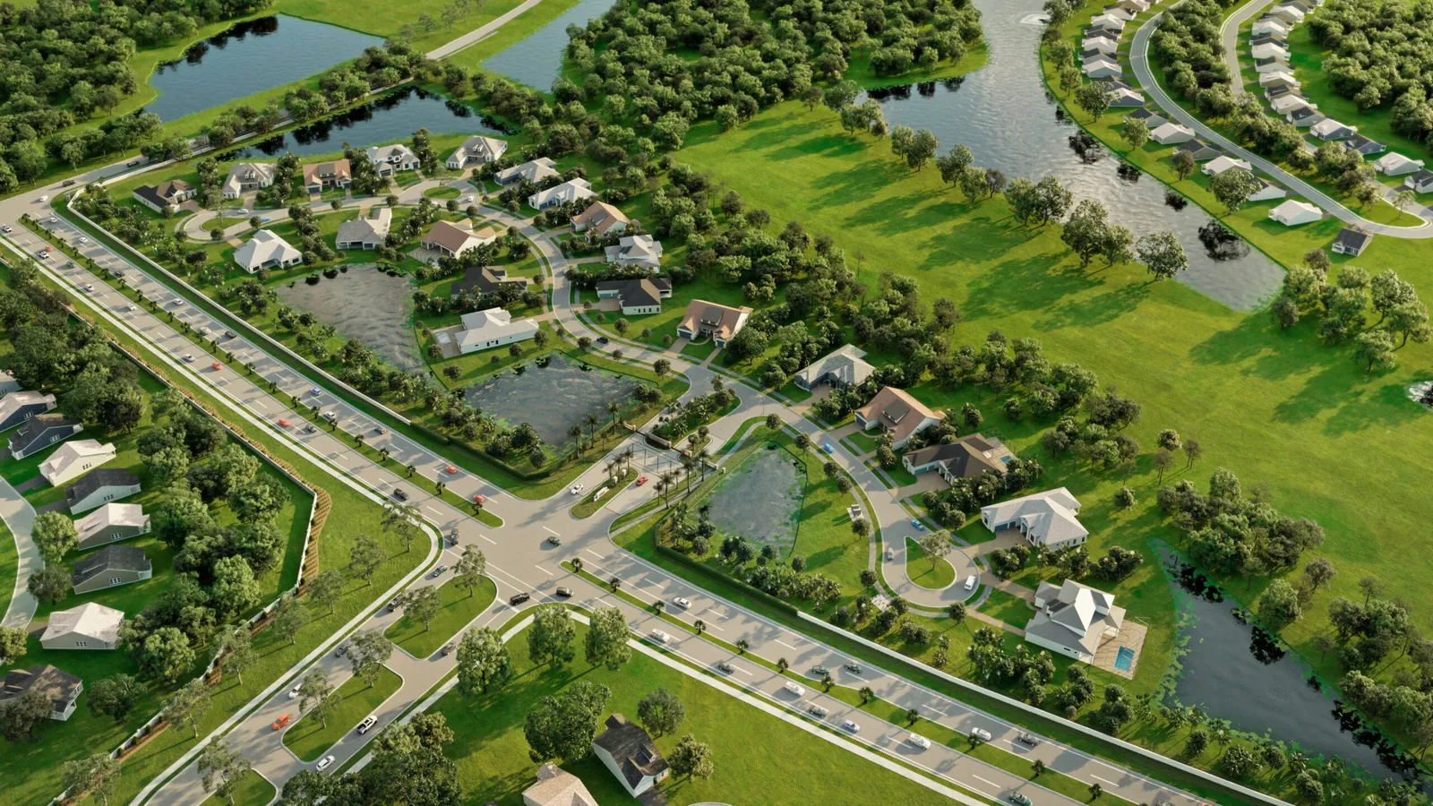 Rendering of Waterbury Park homes and streets from above