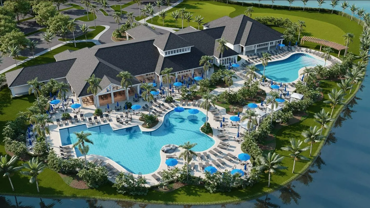 Aerial view of the Wild Blue at Waterside amenity center and pool